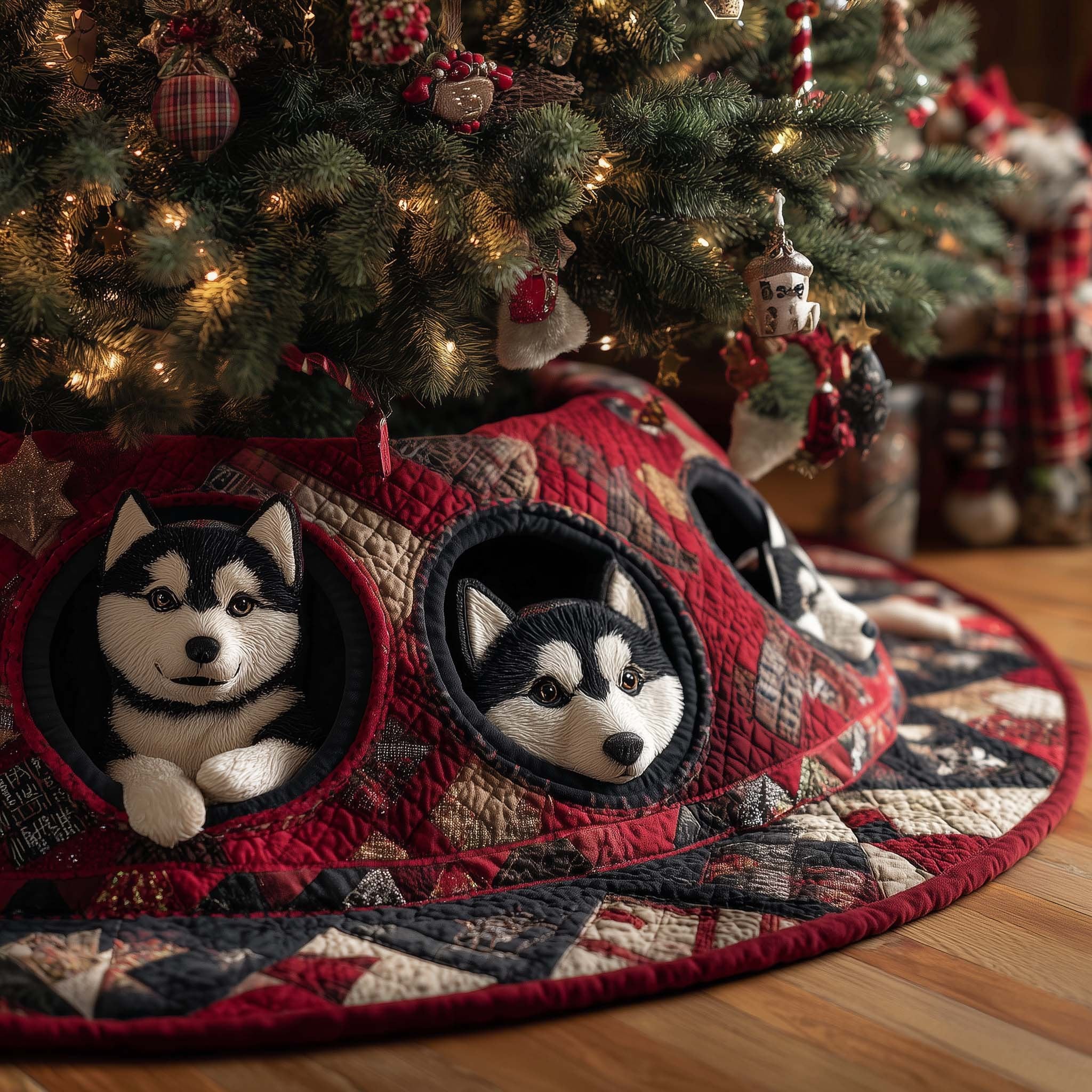 Huskies Tucked in the Plaid Quilt Christmas Tree Skirt