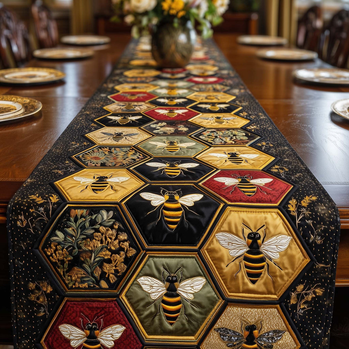 Bees in Red and Gold Hexagons Table Runner