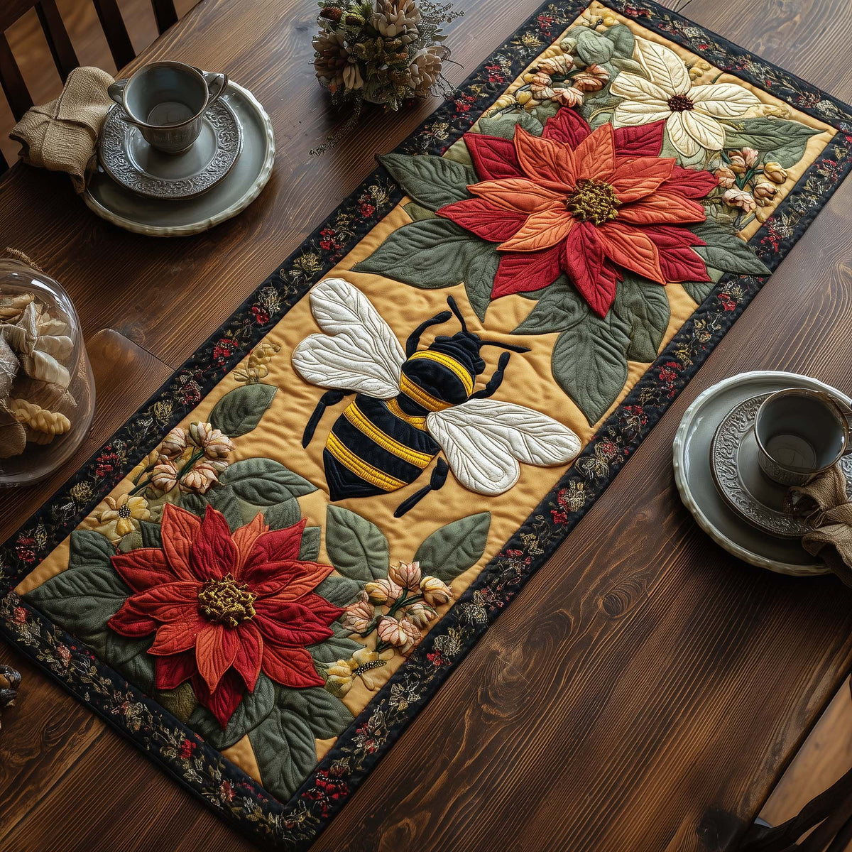 Bee with Red Poinsettia Table Runner