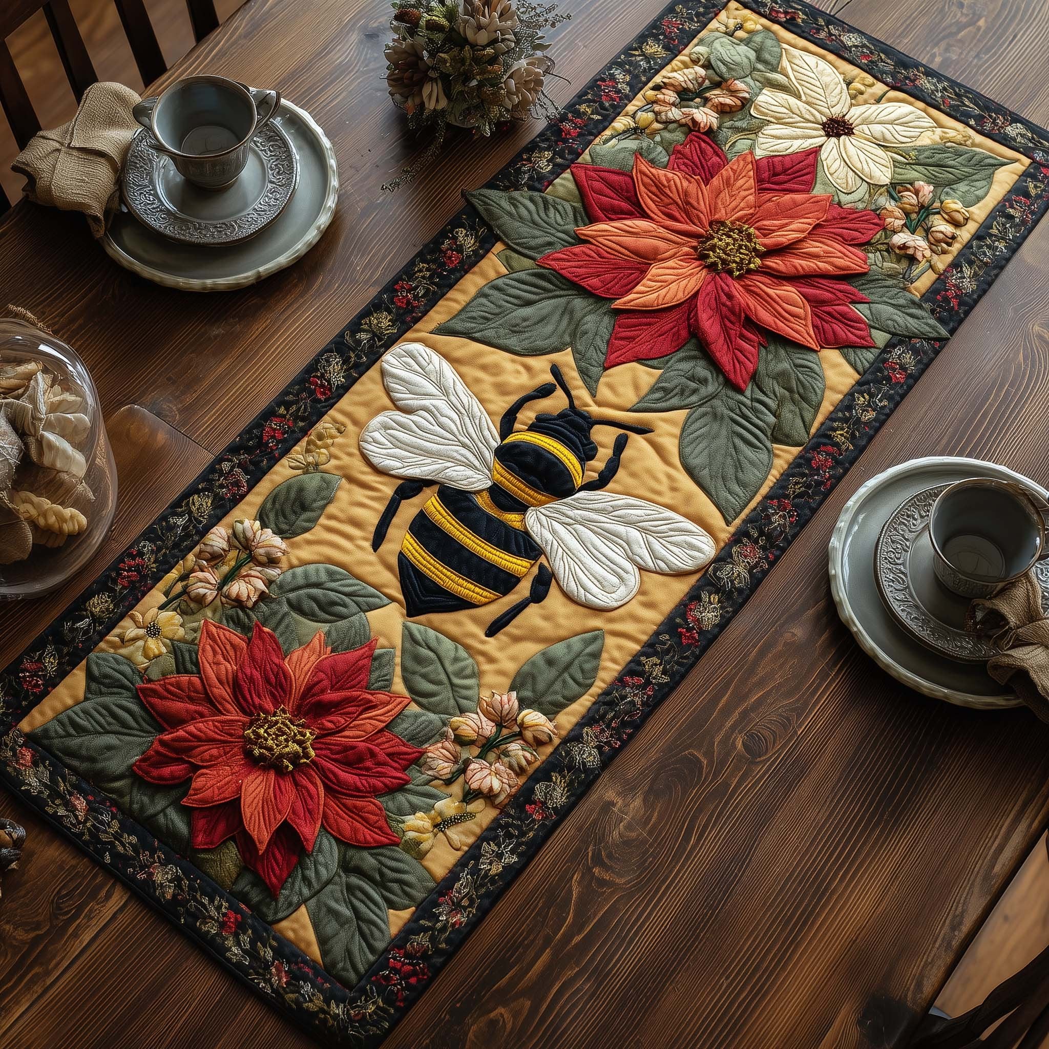 Bee with Red Poinsettia Table Runner