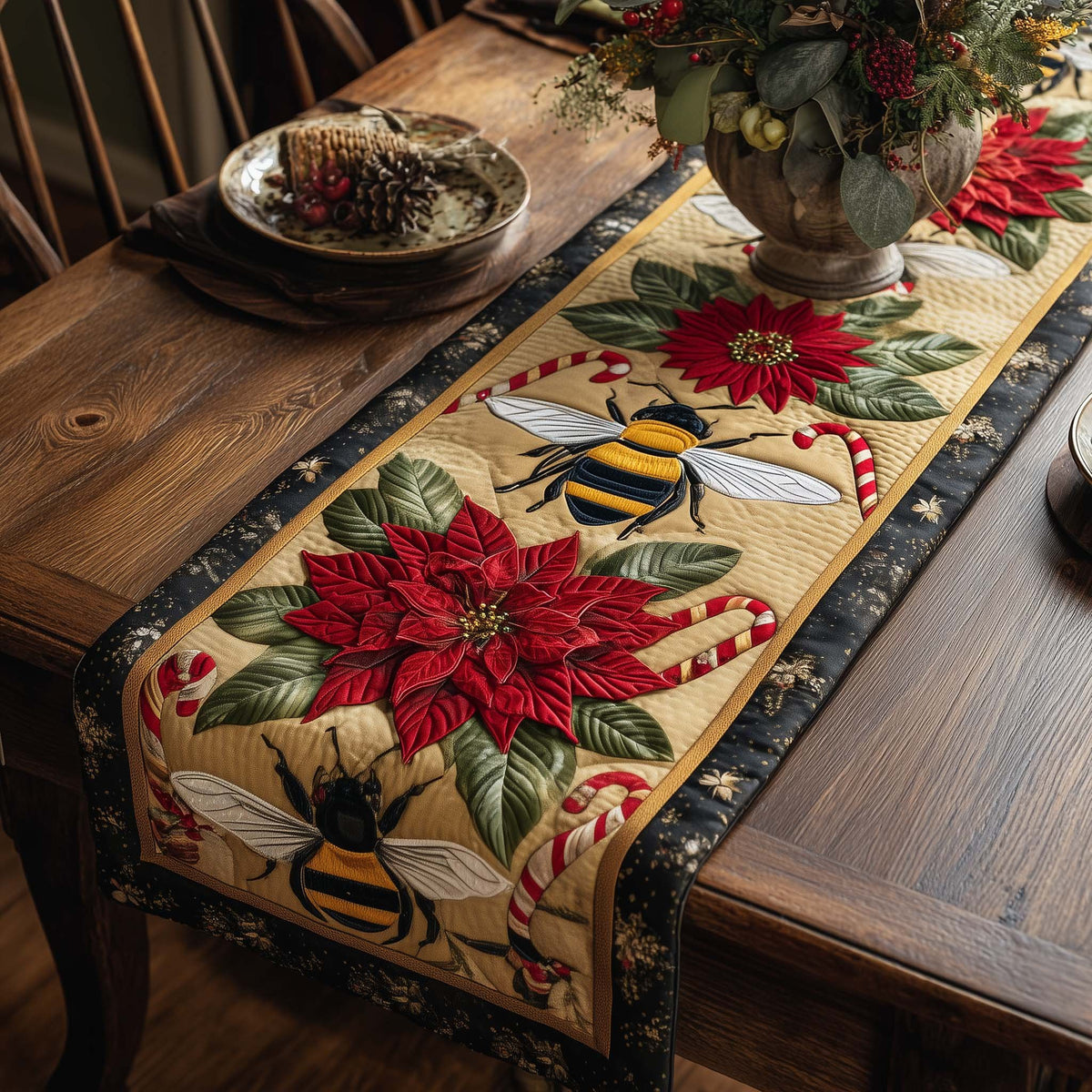 Bee with Poinsettia and Candy Cane Table Runner
