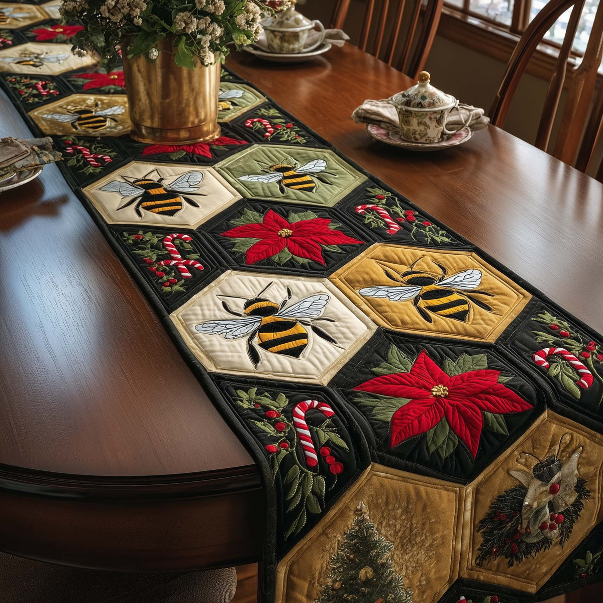 Bees and Poinsettias in Hexagons Table Runner