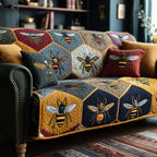 Bees on Navy and Gold Honeycomb Sofa Cover