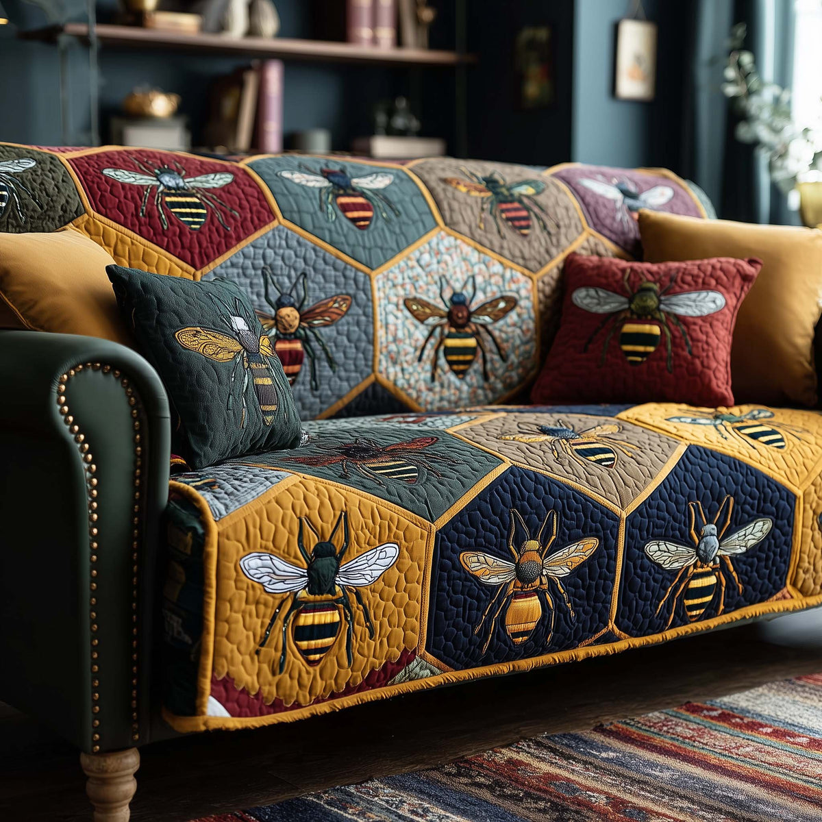 Bees on Navy and Gold Honeycomb Sofa Cover