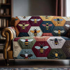 Bees on Colorful Honeycomb Hexagons Sofa Cover