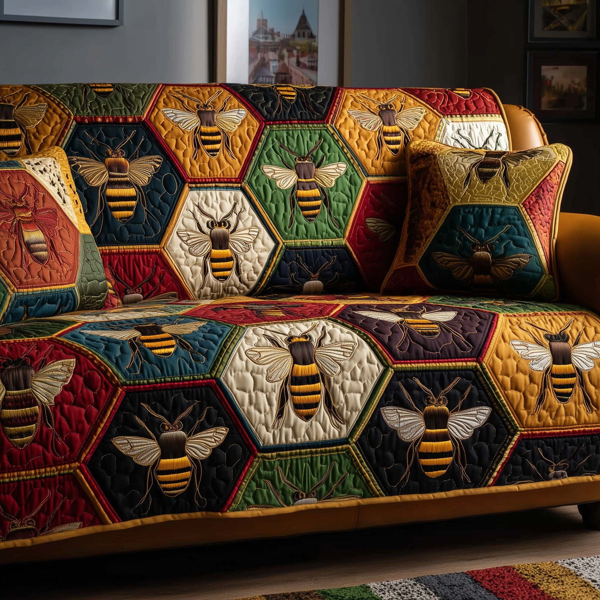 Bees on Yellow and Green Honeycomb Sofa Cover