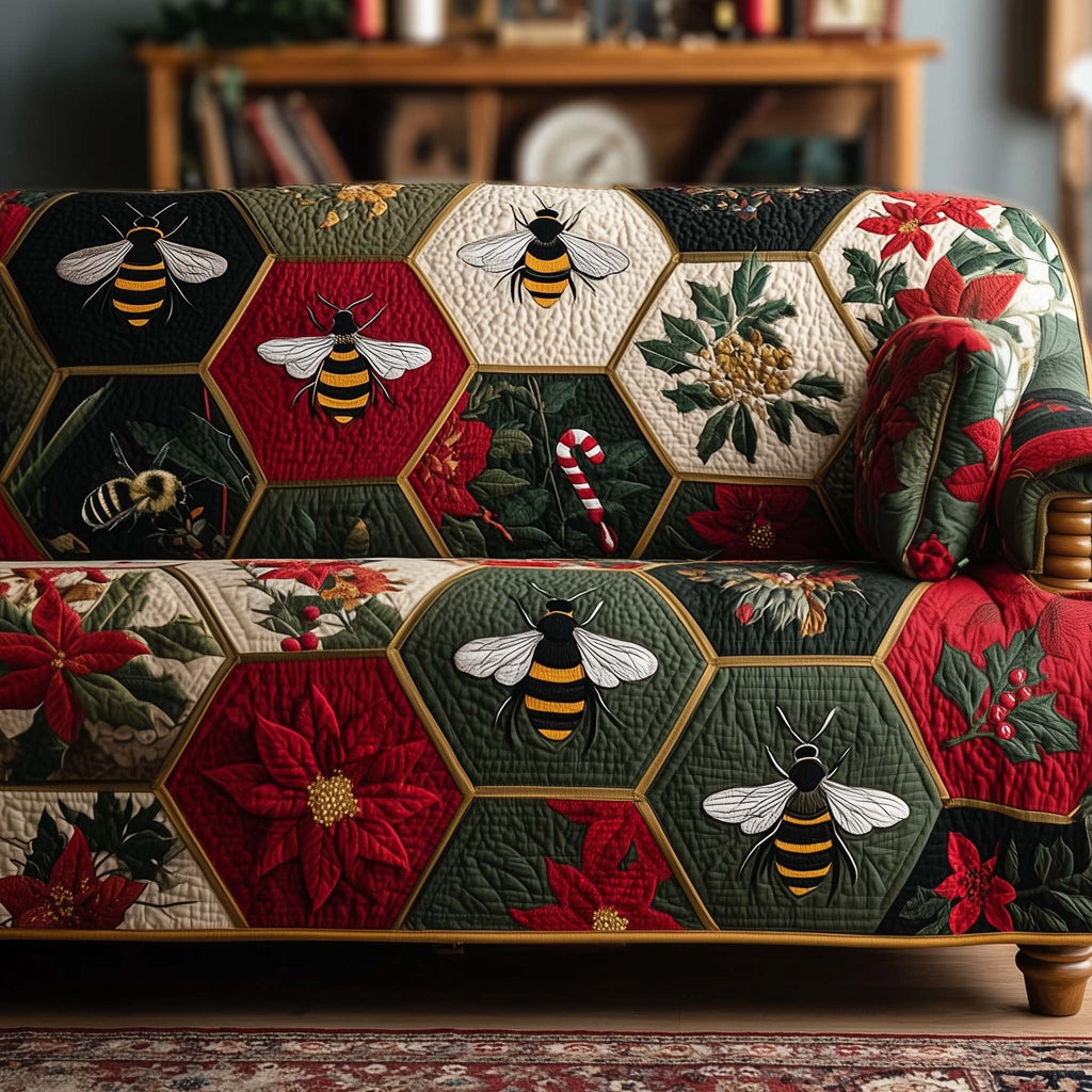 Bees with Poinsettias and Candy Canes Sofa Cover