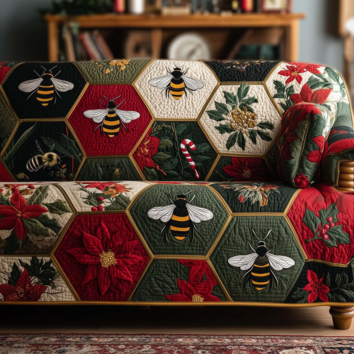 Bees with Poinsettias and Candy Canes Sofa Cover