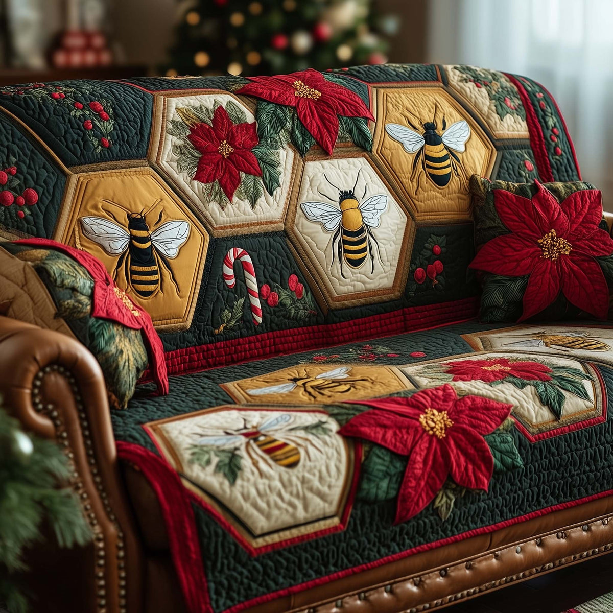 Bees Among Holly and Poinsettias Sofa Cover