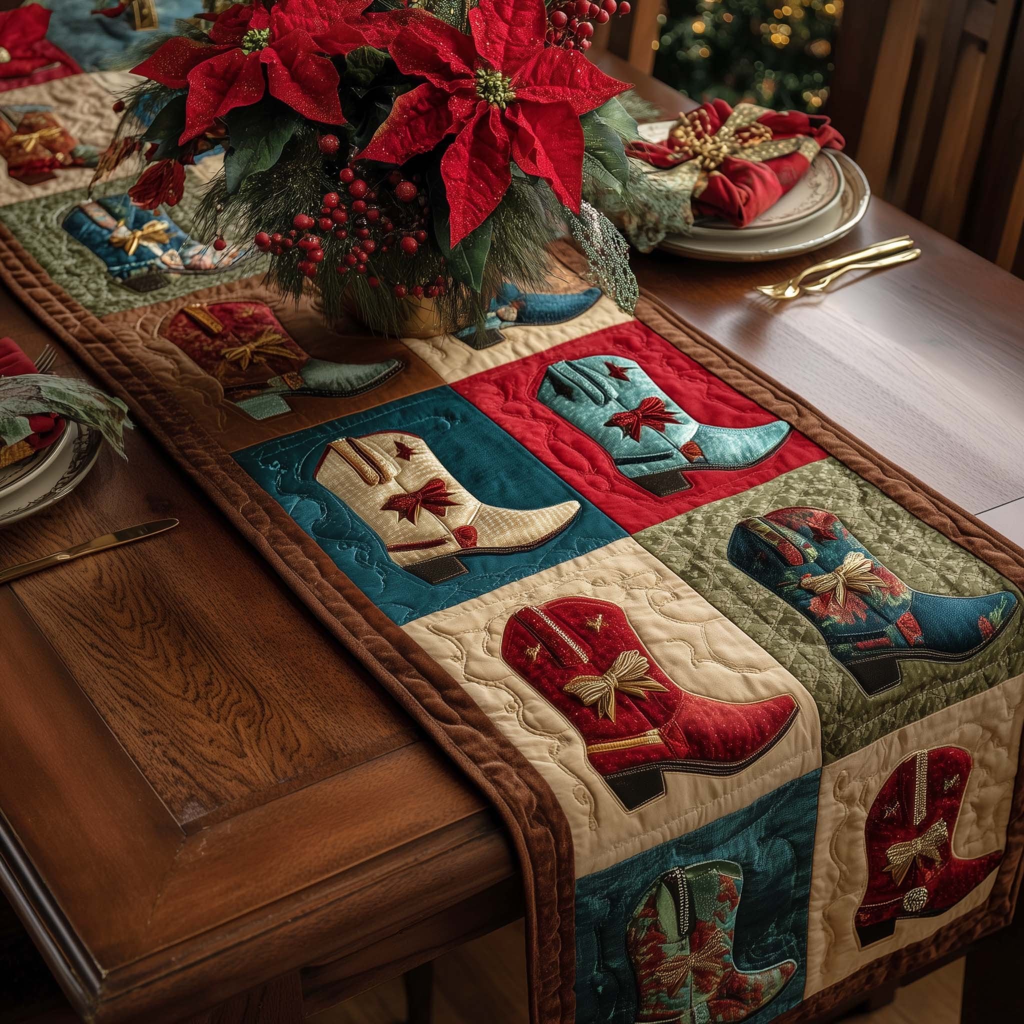 Cowboy Boots in Teal and Red Table Runner