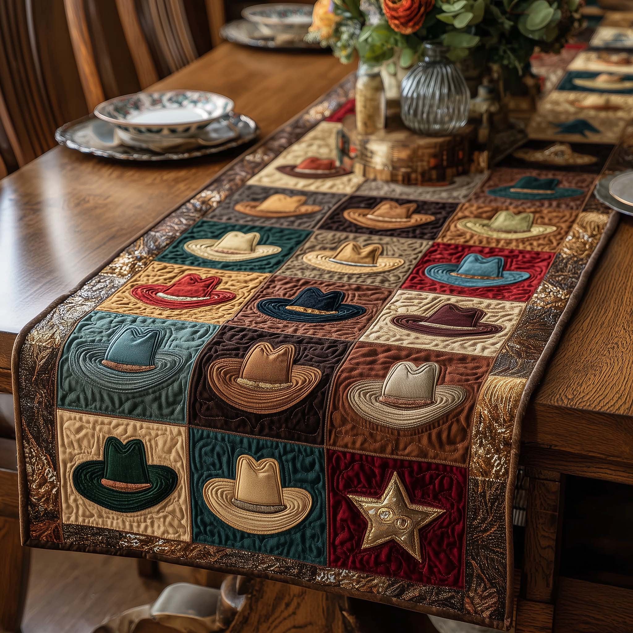 Cowboy Hats and Stars Patchwork Table Runner