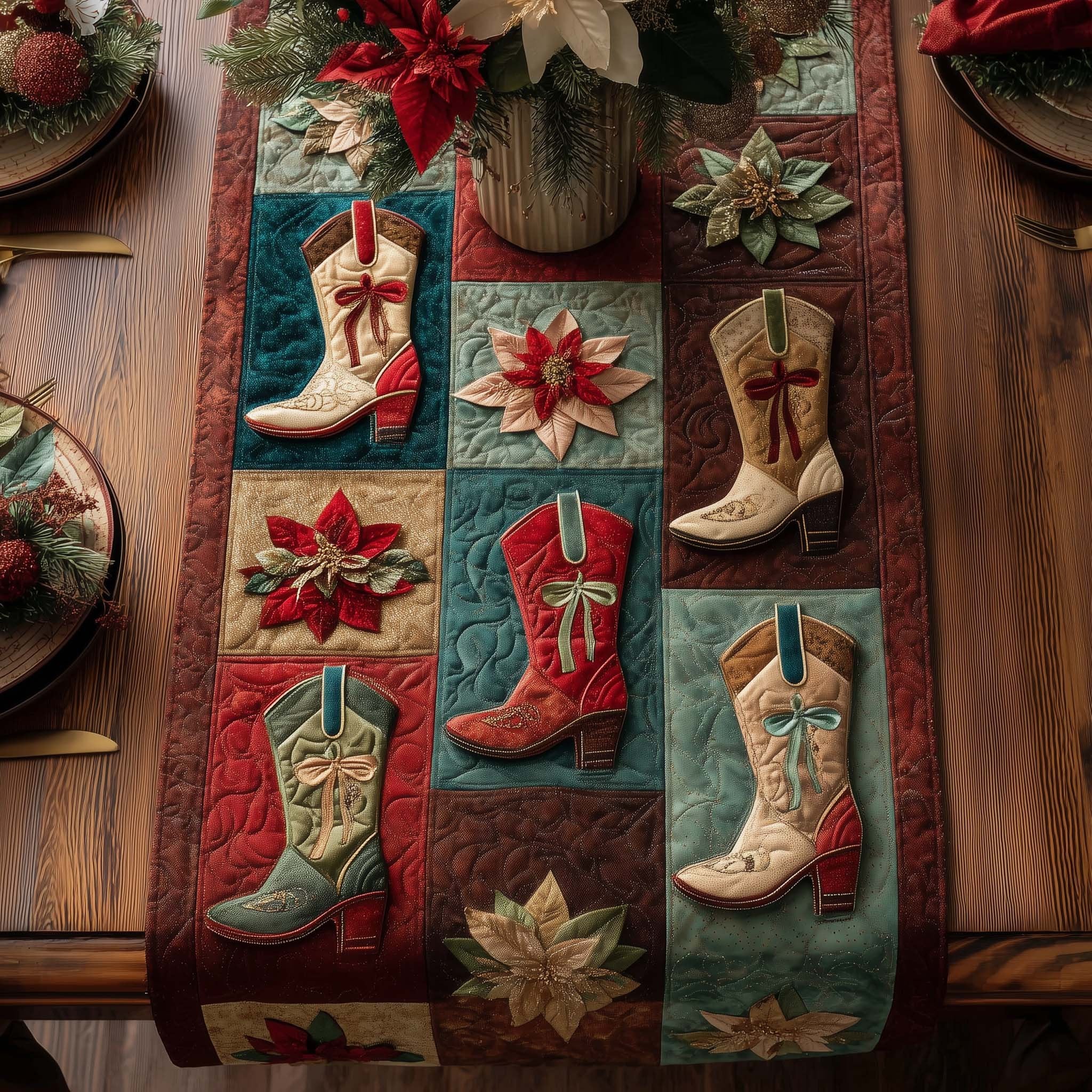 Cowboy Boots with Red Flowers Table Runner