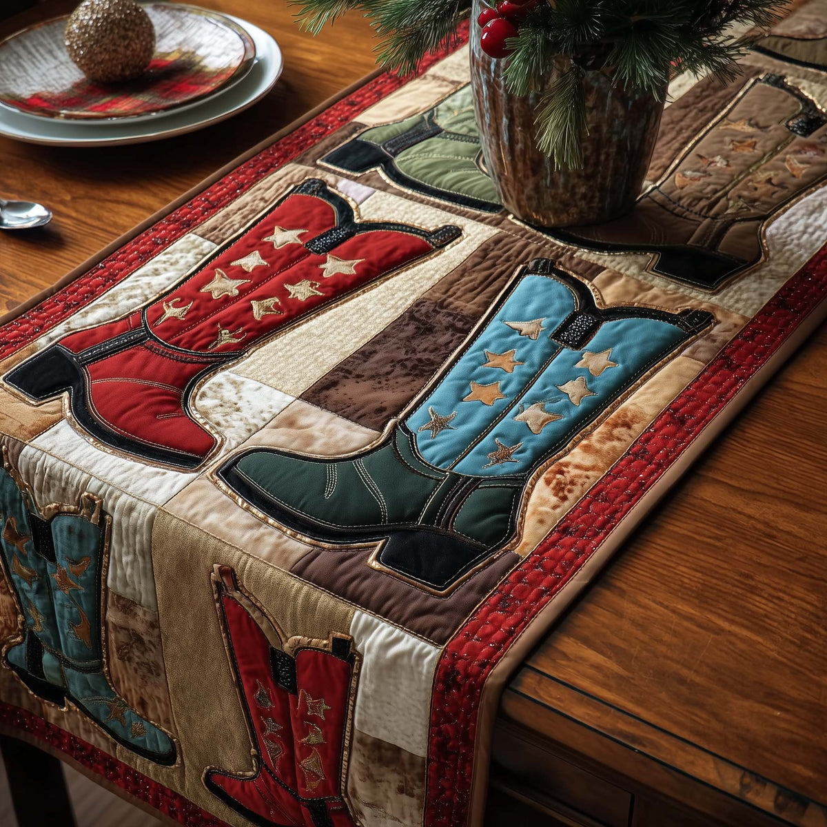 Red and Teal Cowboy Boots Table Runner