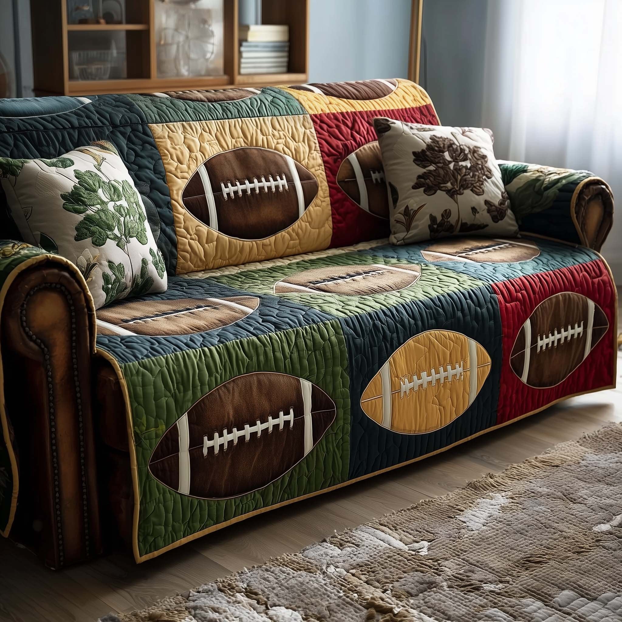 Footballs on Green and Blue Quilt Sofa Cover