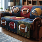 Footballs on Denim and Olive Patches Sofa Cover