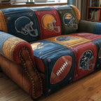 Football and Helmets on Denim Patchwork Sofa Cover