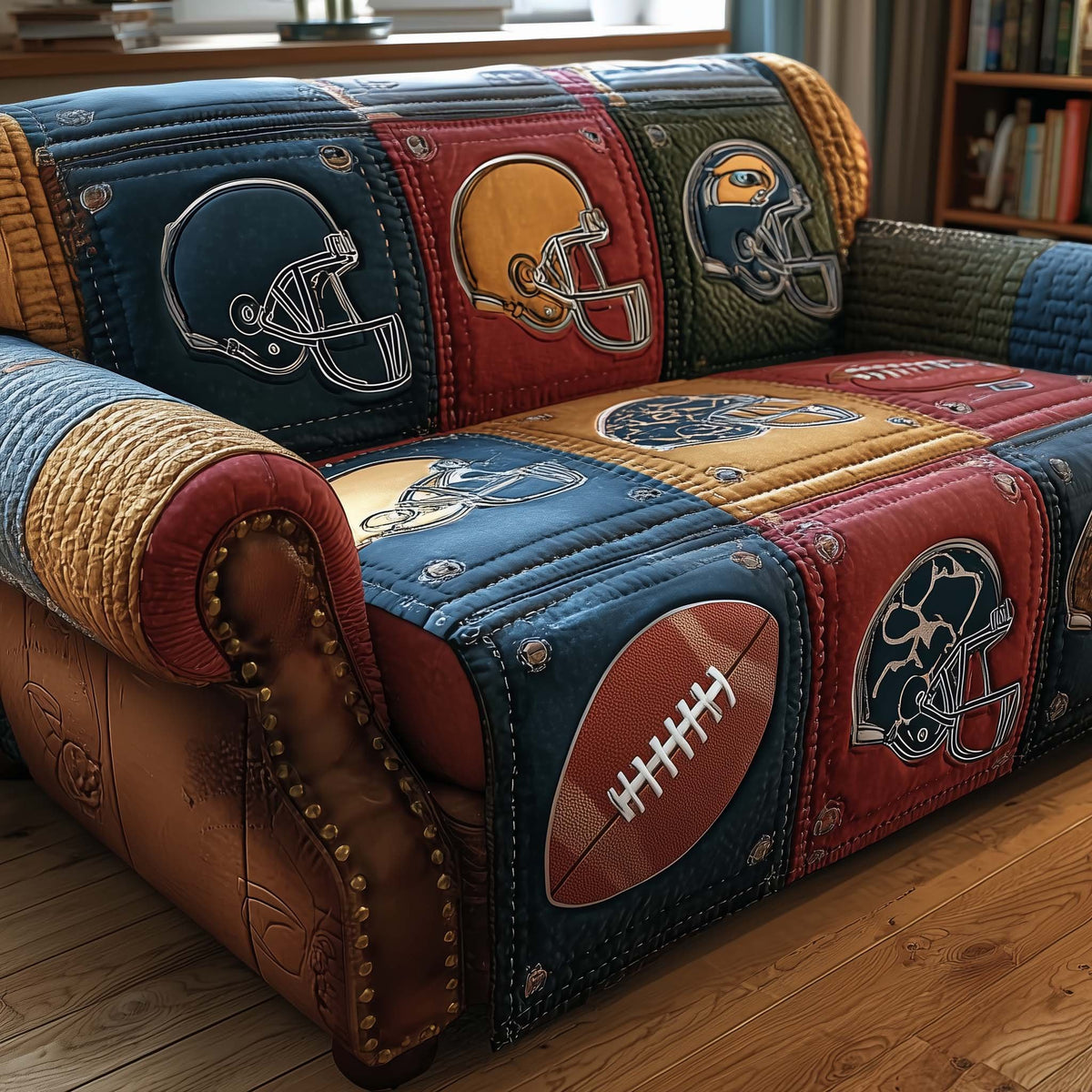 Football and Helmets on Denim Patchwork Sofa Cover