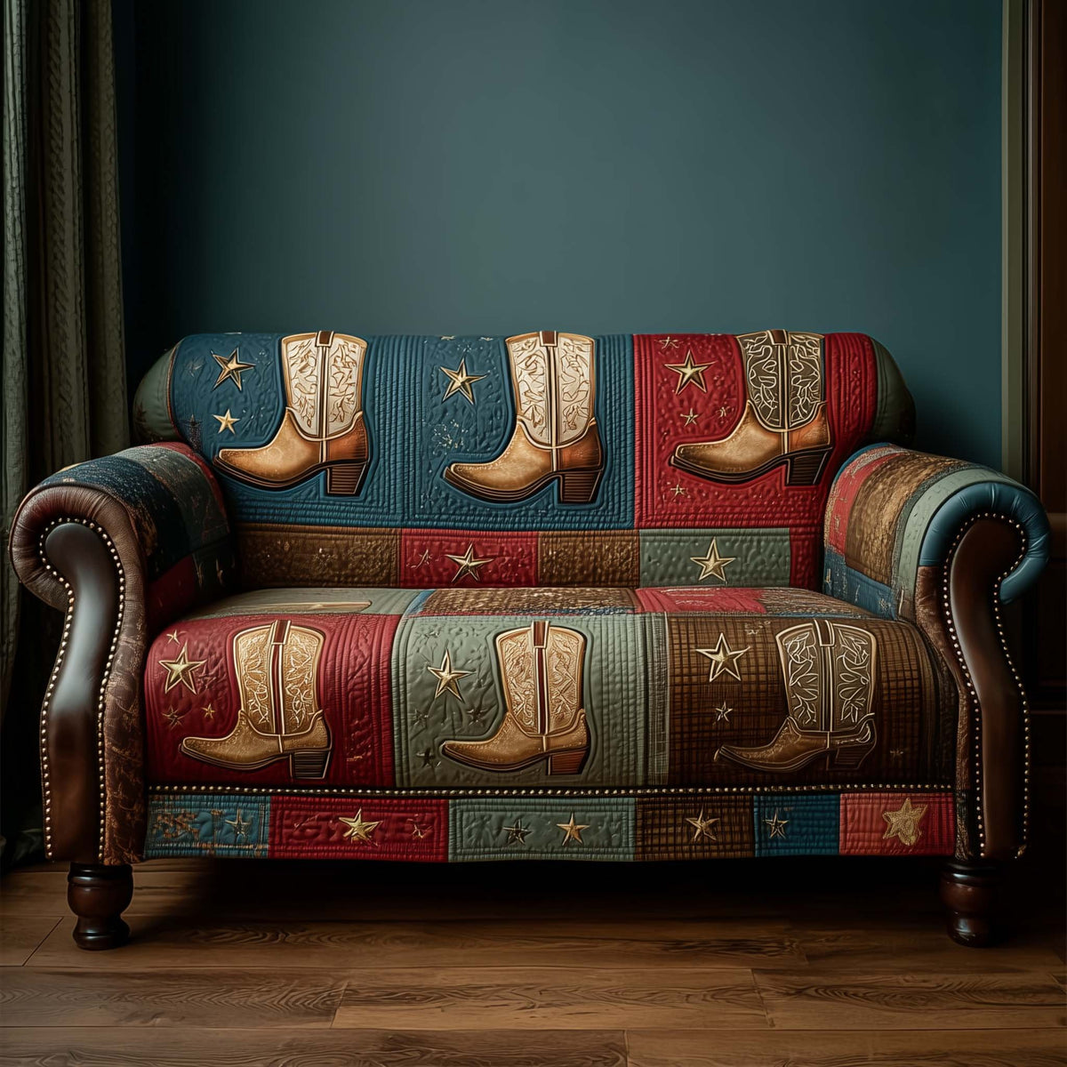 Cowboy Boots and Stars on Red Sofa Cover