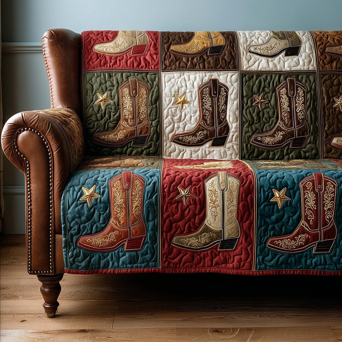 Cowboy Boots on Teal and Red Sofa Cover