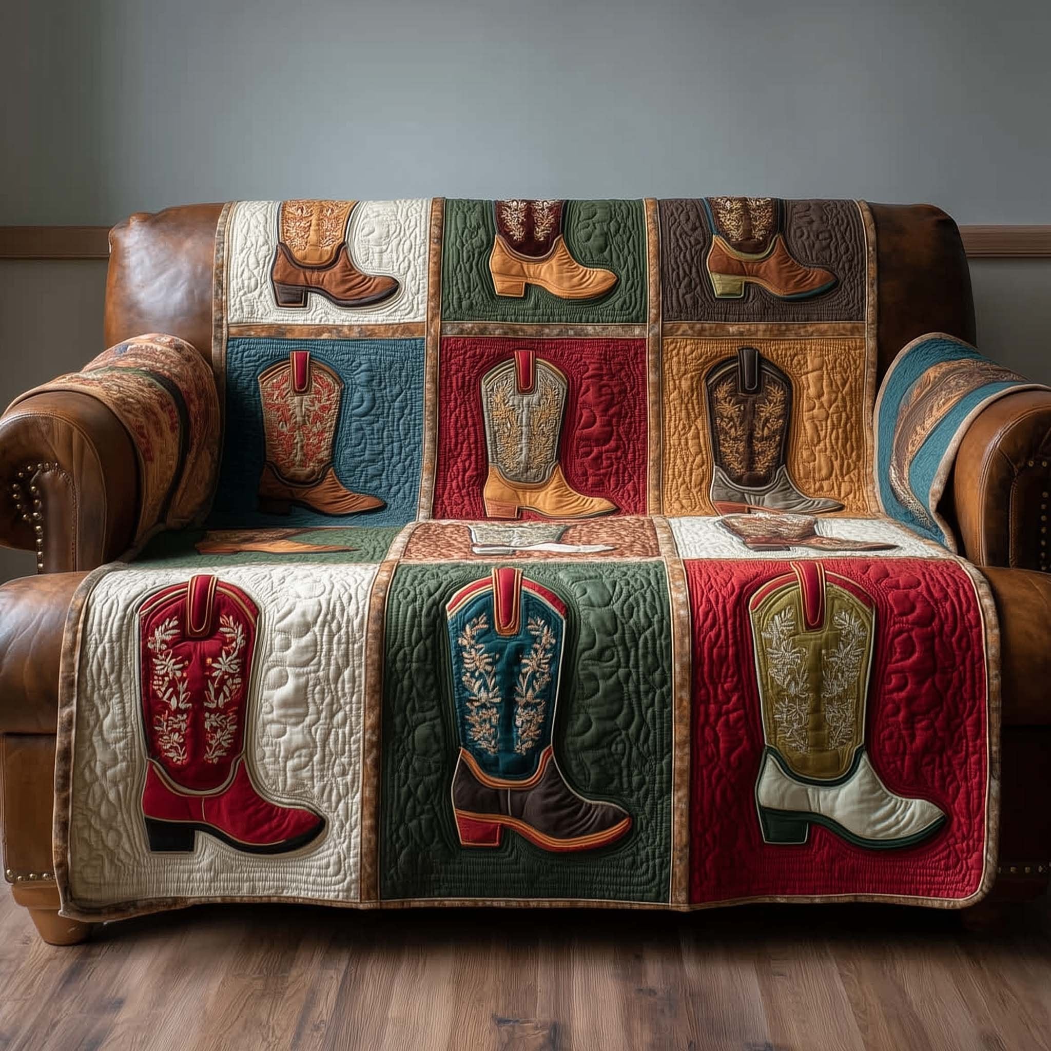 Cowboy Boots on Red and Green Patches Sofa Cover
