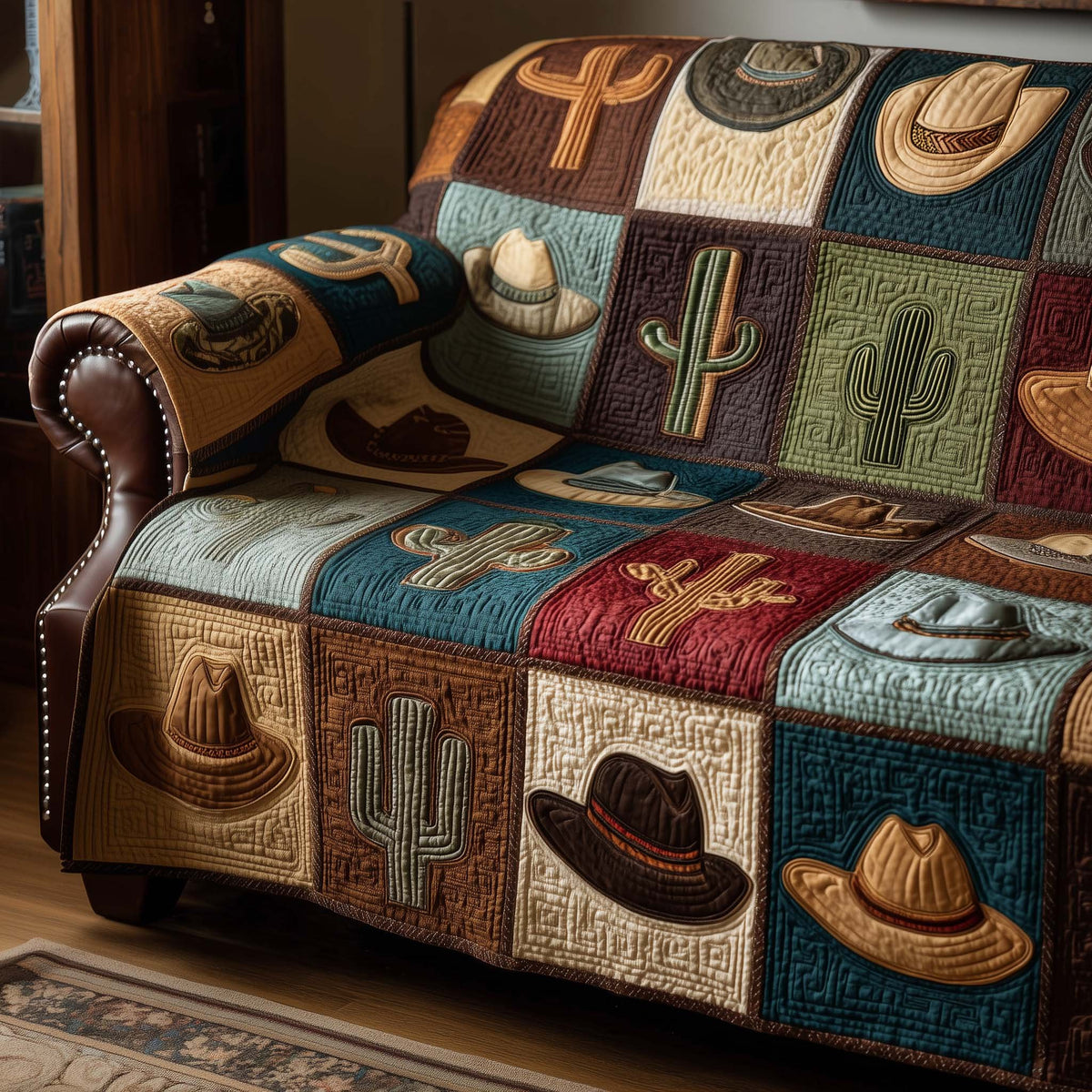 Cowboy Hats and Cactus on Tan Sofa Cover