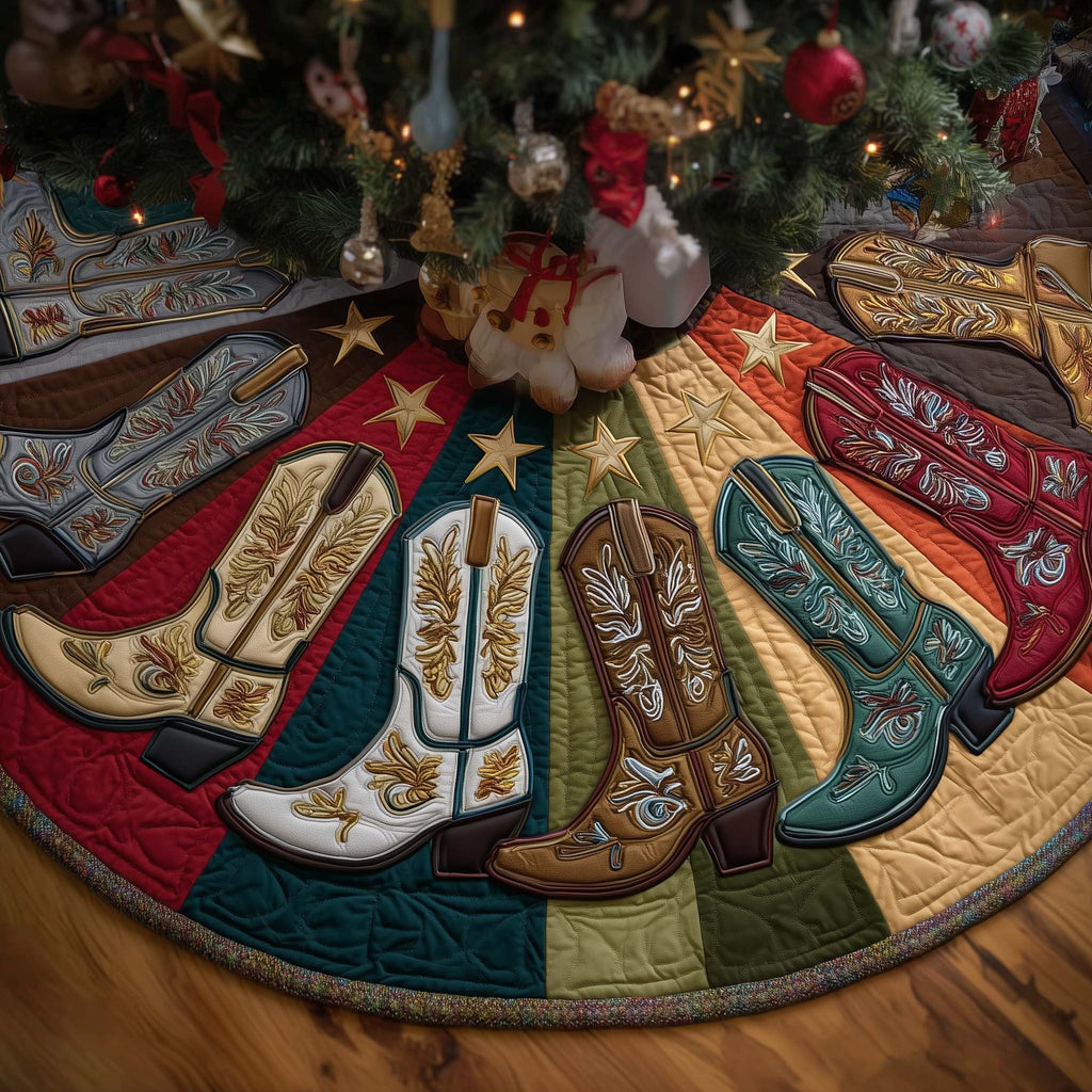 Cowboy Boots on Bright Panels Christmas Tree Skirt