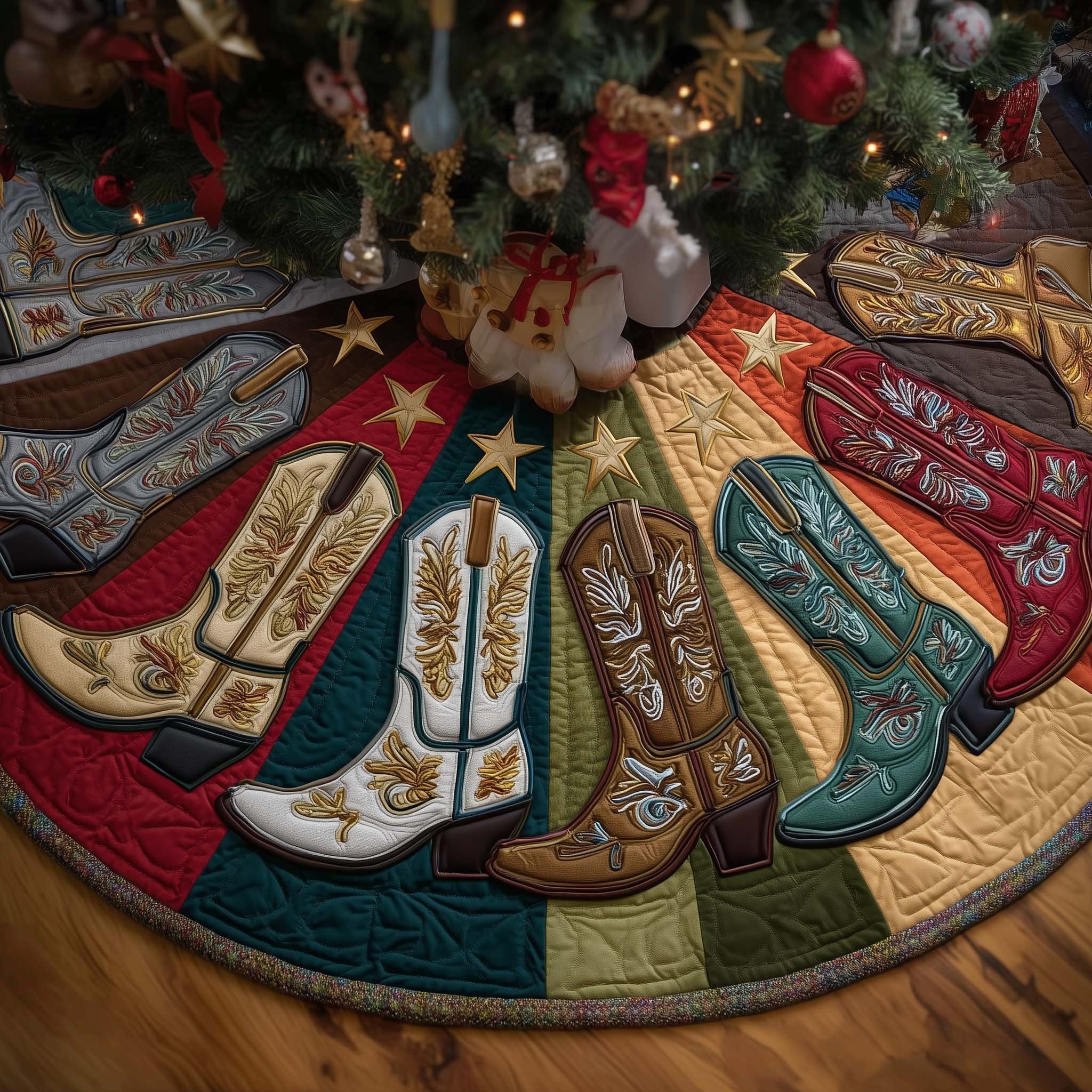 Cowboy Boots on Bright Panels Christmas Tree Skirt