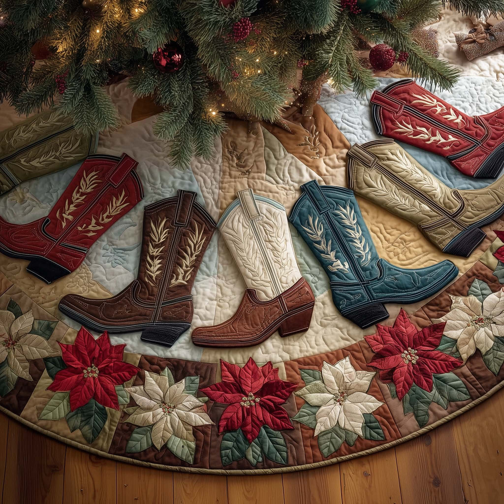 Cowboy Boots with Red Poinsettias Christmas Tree Skirt