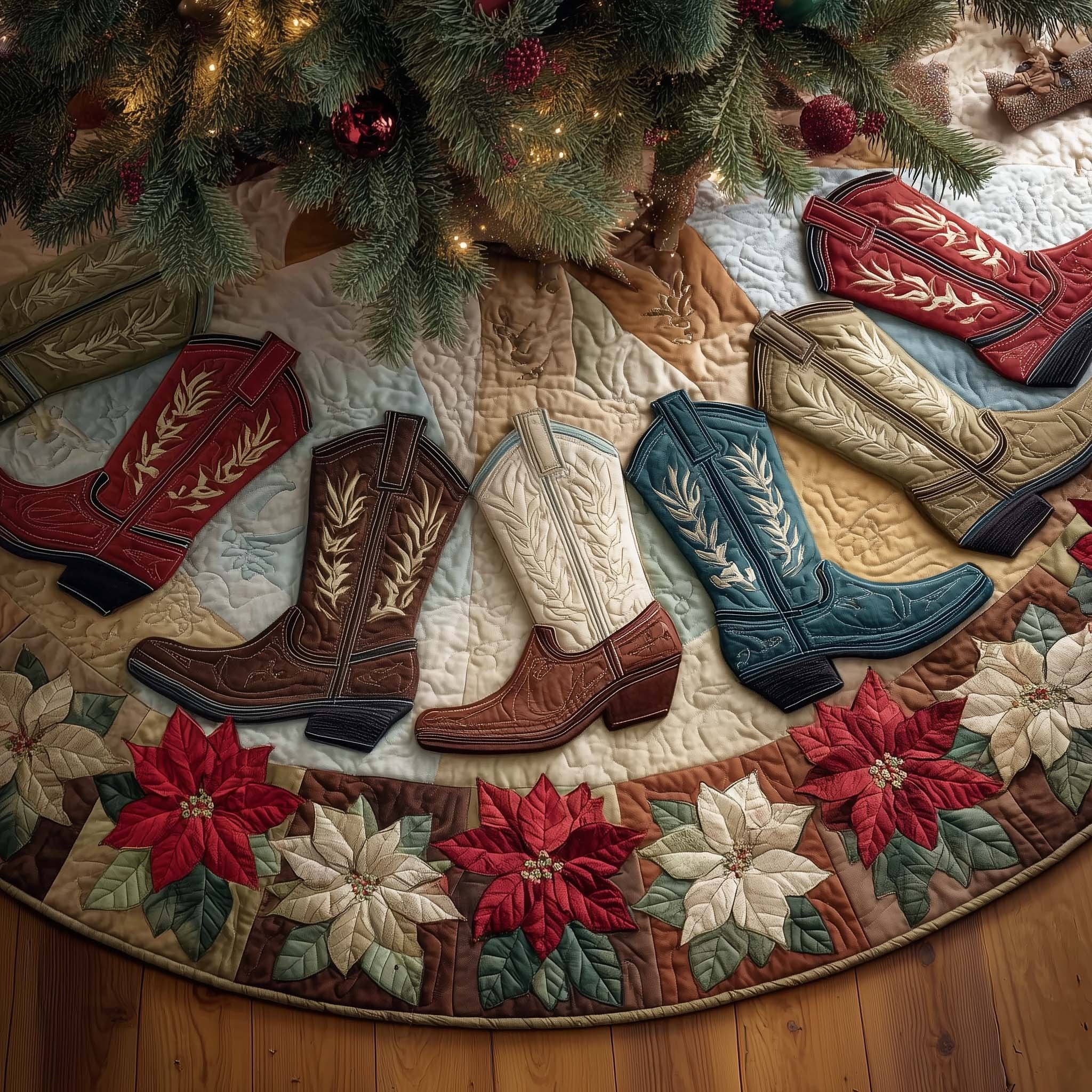 Cowboy Boots with Red Poinsettias Christmas Tree Skirt