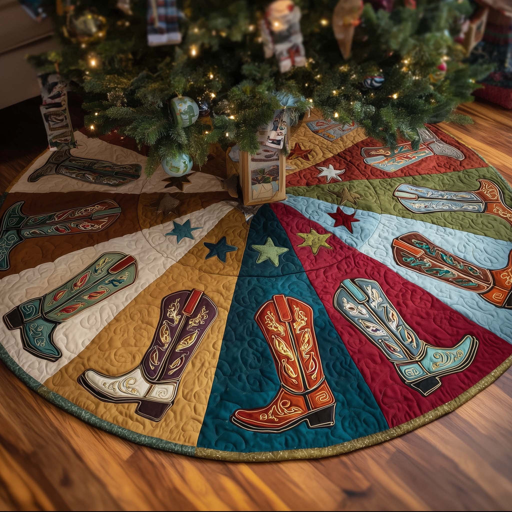 Cowboy Boots on Teal and Red Wedges Christmas Tree Skirt