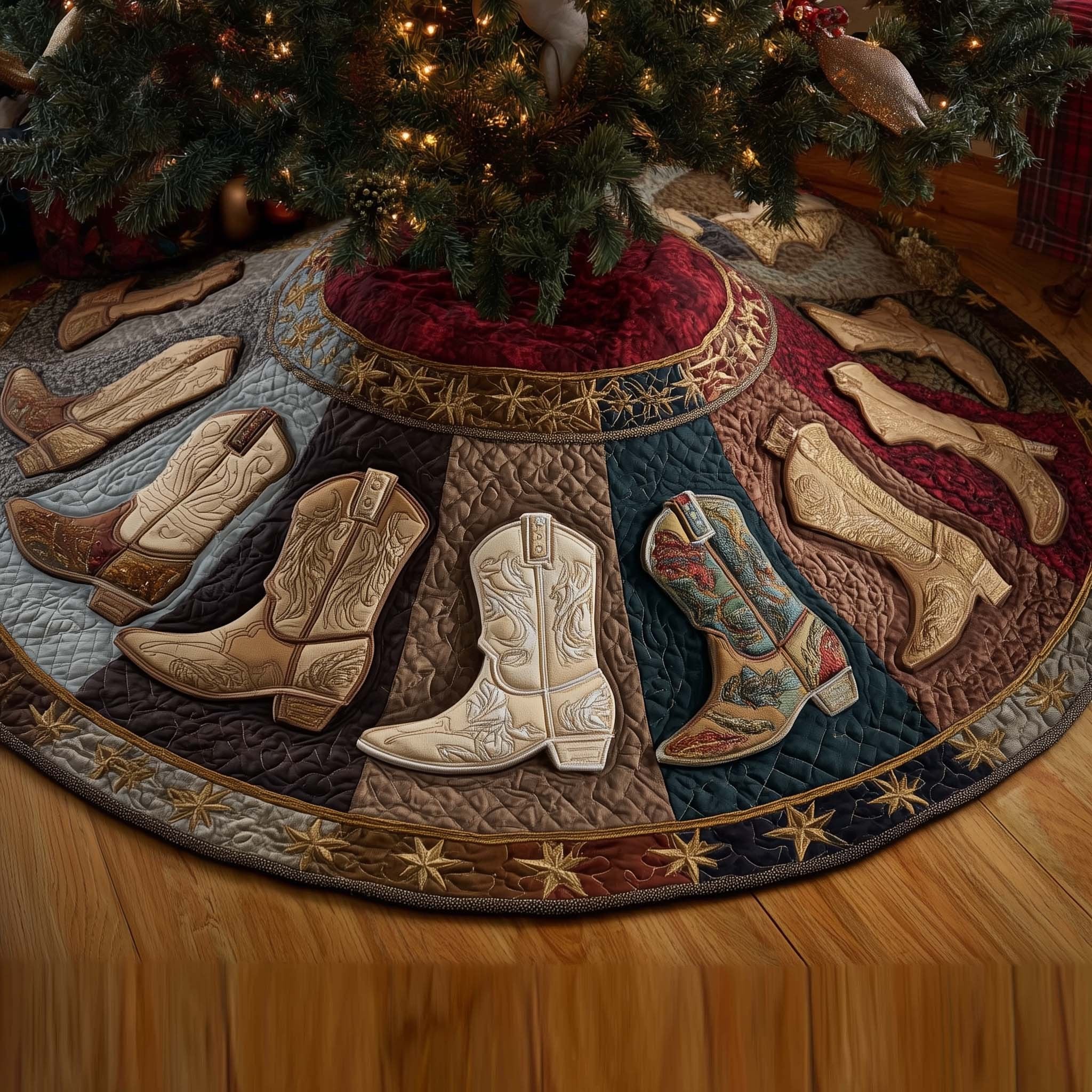 Cream Cowboy Boots on Tan Christmas Tree Skirt