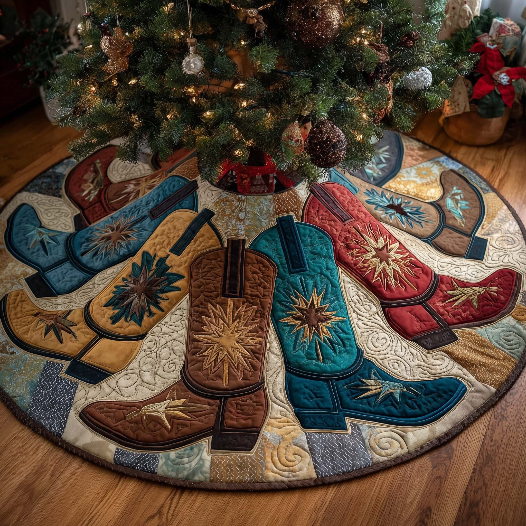 Cowboy Boots in Teal and Rust Christmas Tree Skirt