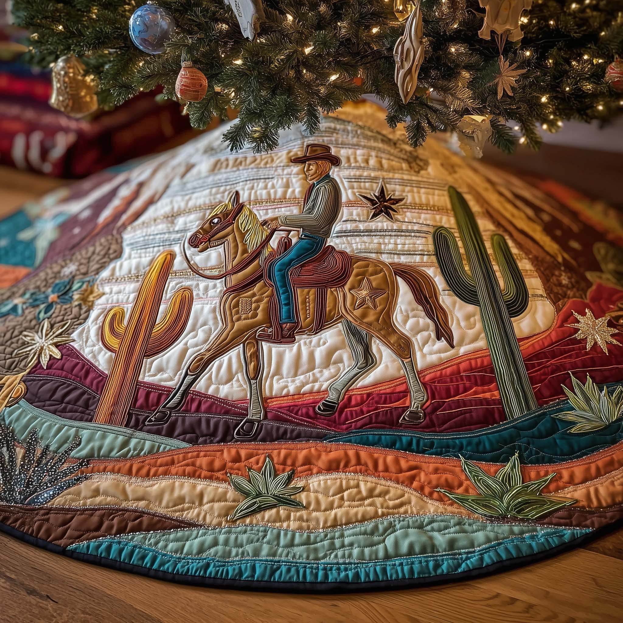 Cowboy Riding Among the Cactus Christmas Tree Skirt
