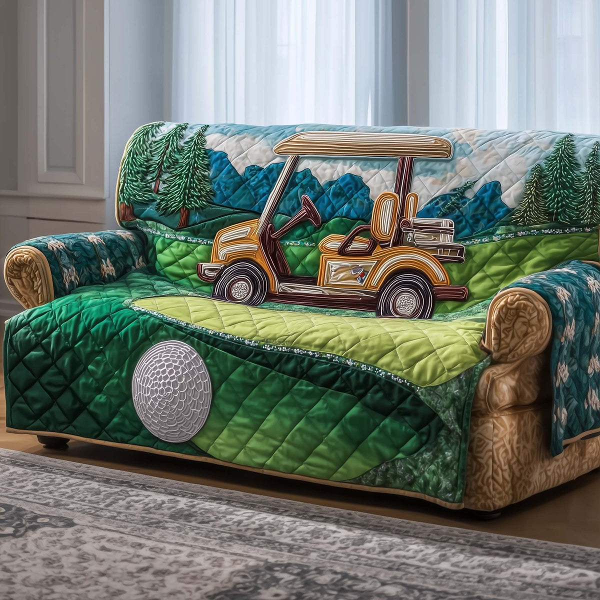 Golf Cart Beside a Giant Golf Ball Sofa Cover