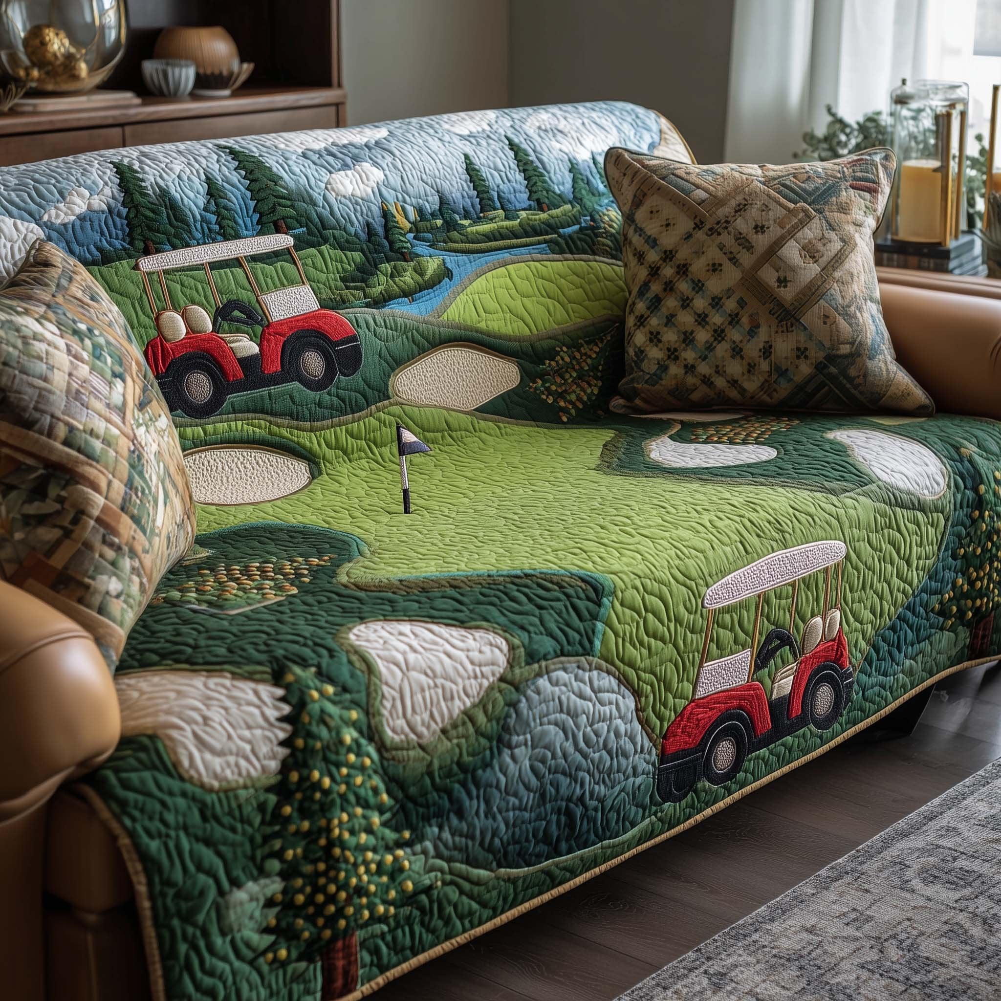 Golf Green with Flag and Red Cart Sofa Cover