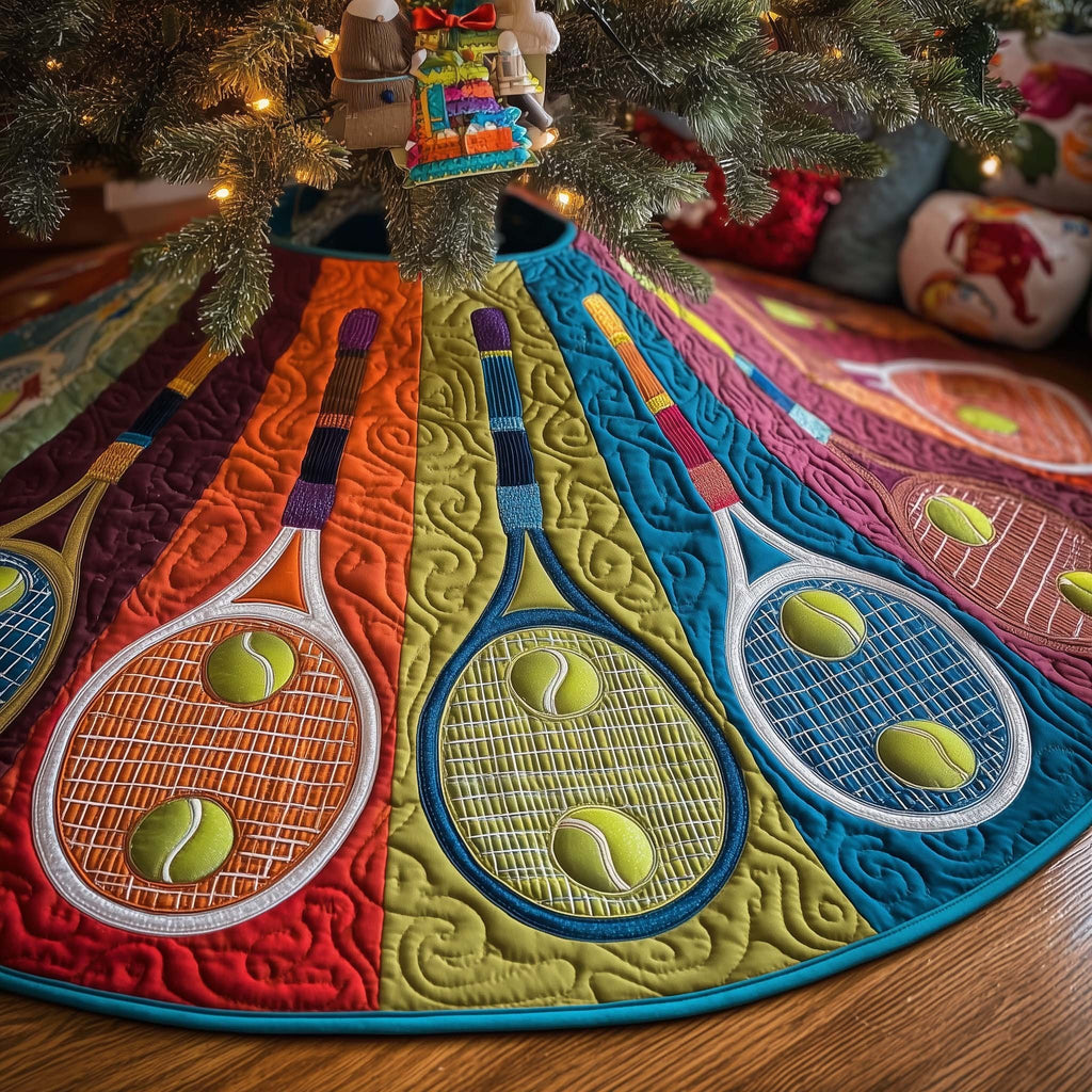 Tennis Rackets on Bright Color Panels Christmas Tree Skirt