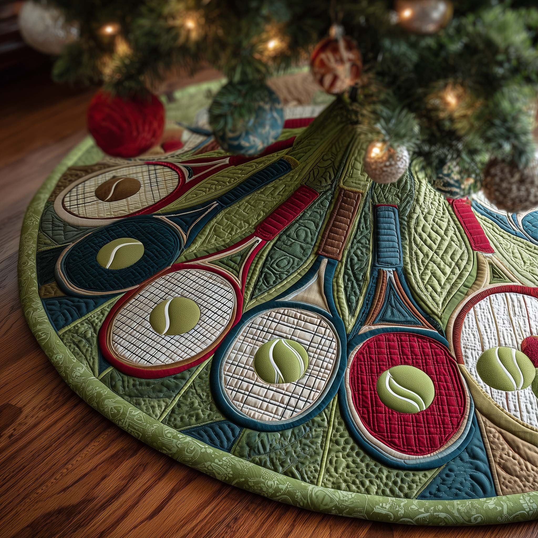 Tennis Rackets on Sage Green Christmas Tree Skirt