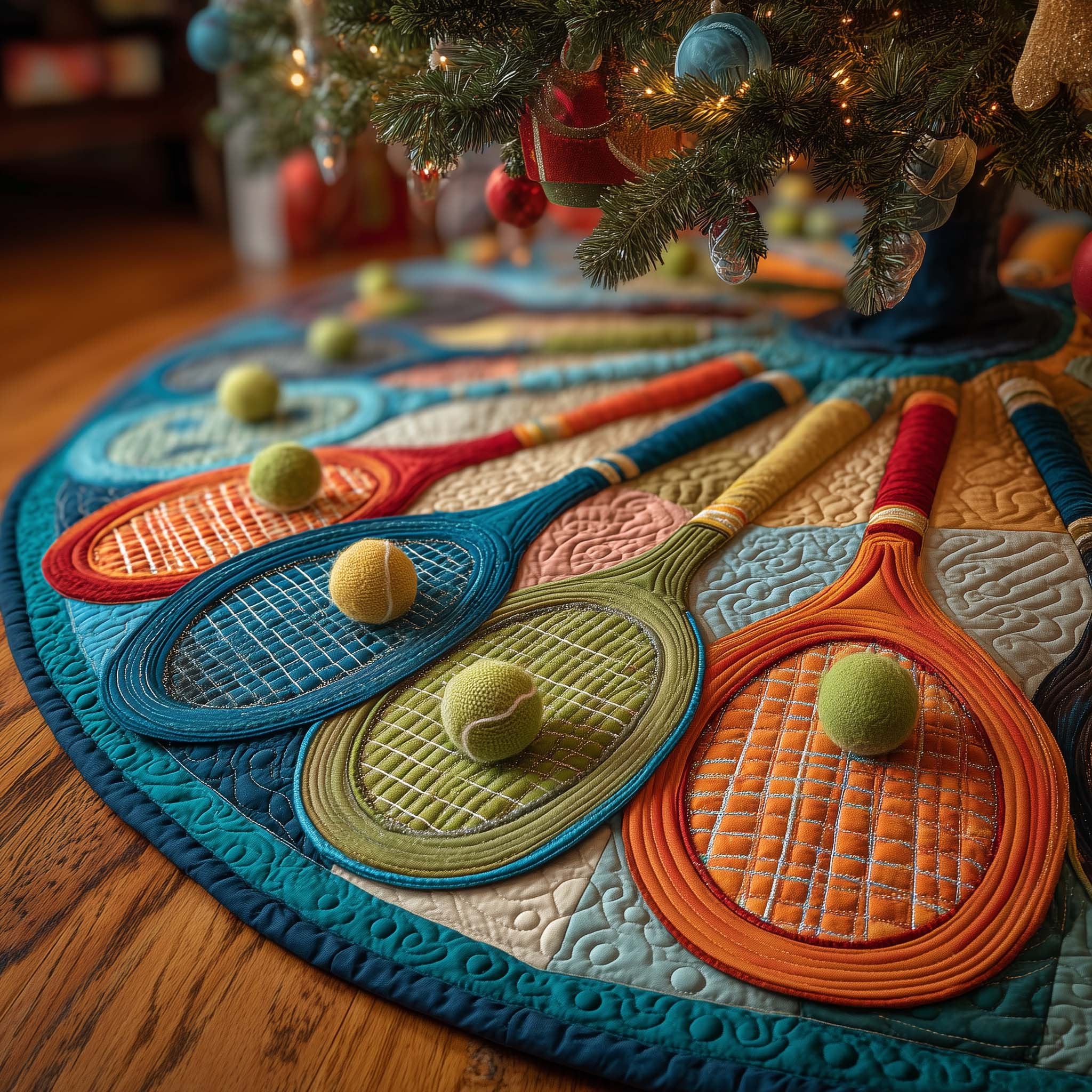 Tennis Rackets in Teal and Orange Christmas Tree Skirt