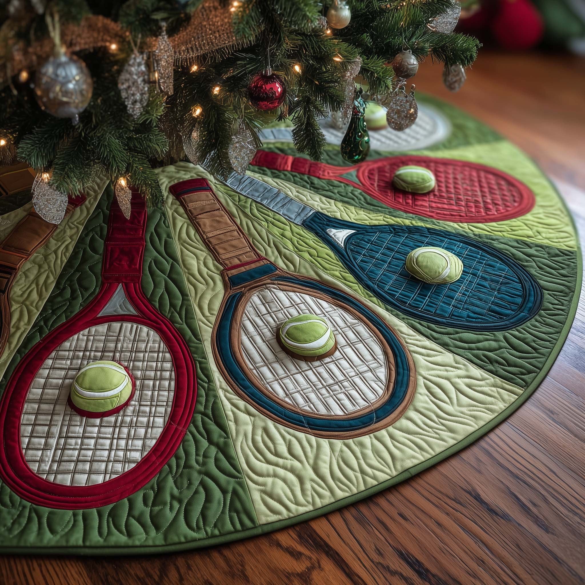 Tennis Rackets on Green and Grey Christmas Tree Skirt