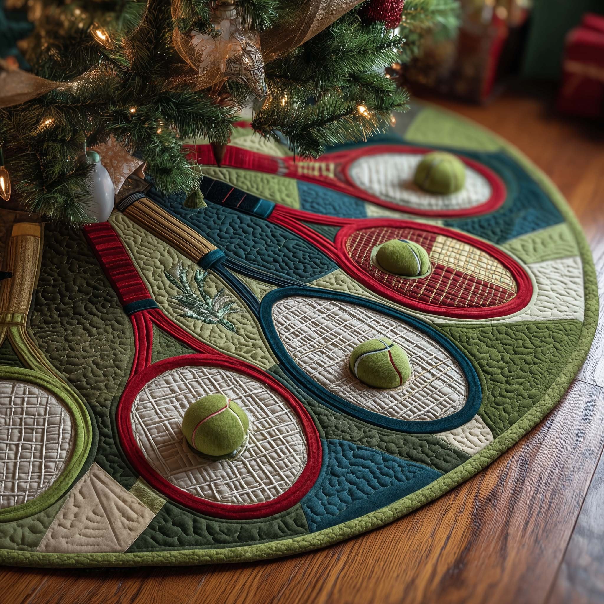 Tennis Rackets on Green with Red Trim Christmas Tree Skirt