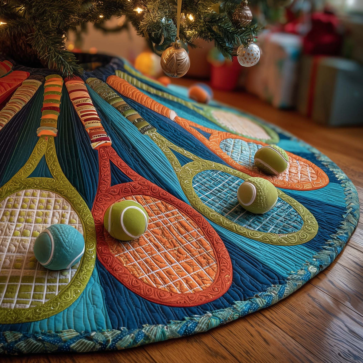 Tennis Rackets in Orange and Blue Christmas Tree Skirt