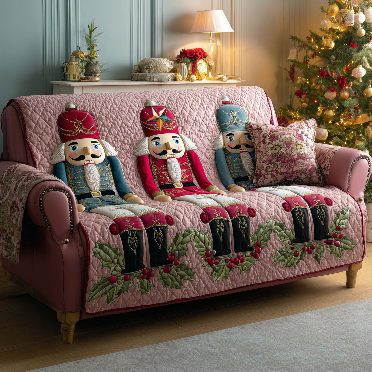 Nutcrackers on Soft Pink Quilt Sofa Cover