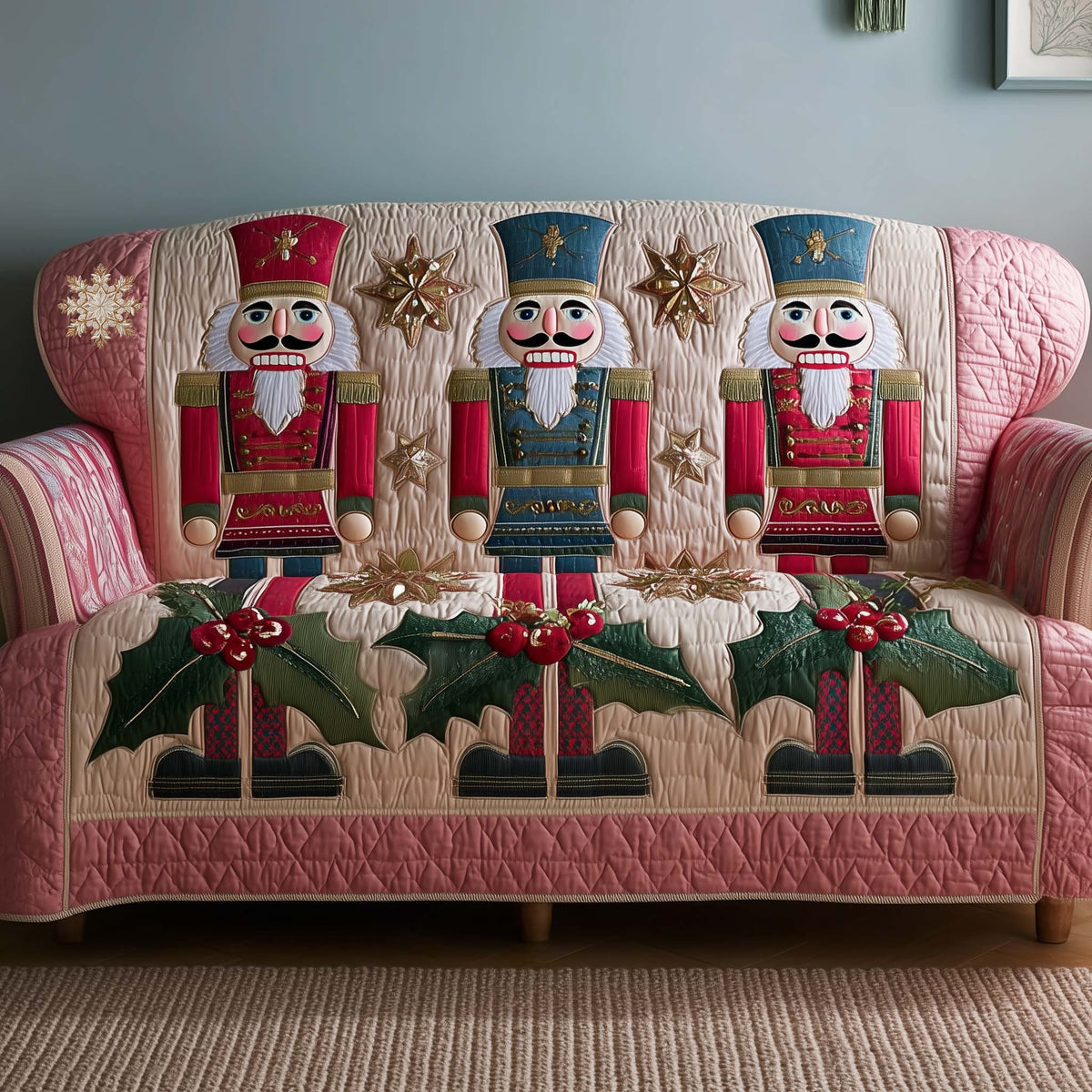 Nutcrackers on Blush Pink with Holly Sofa Cover