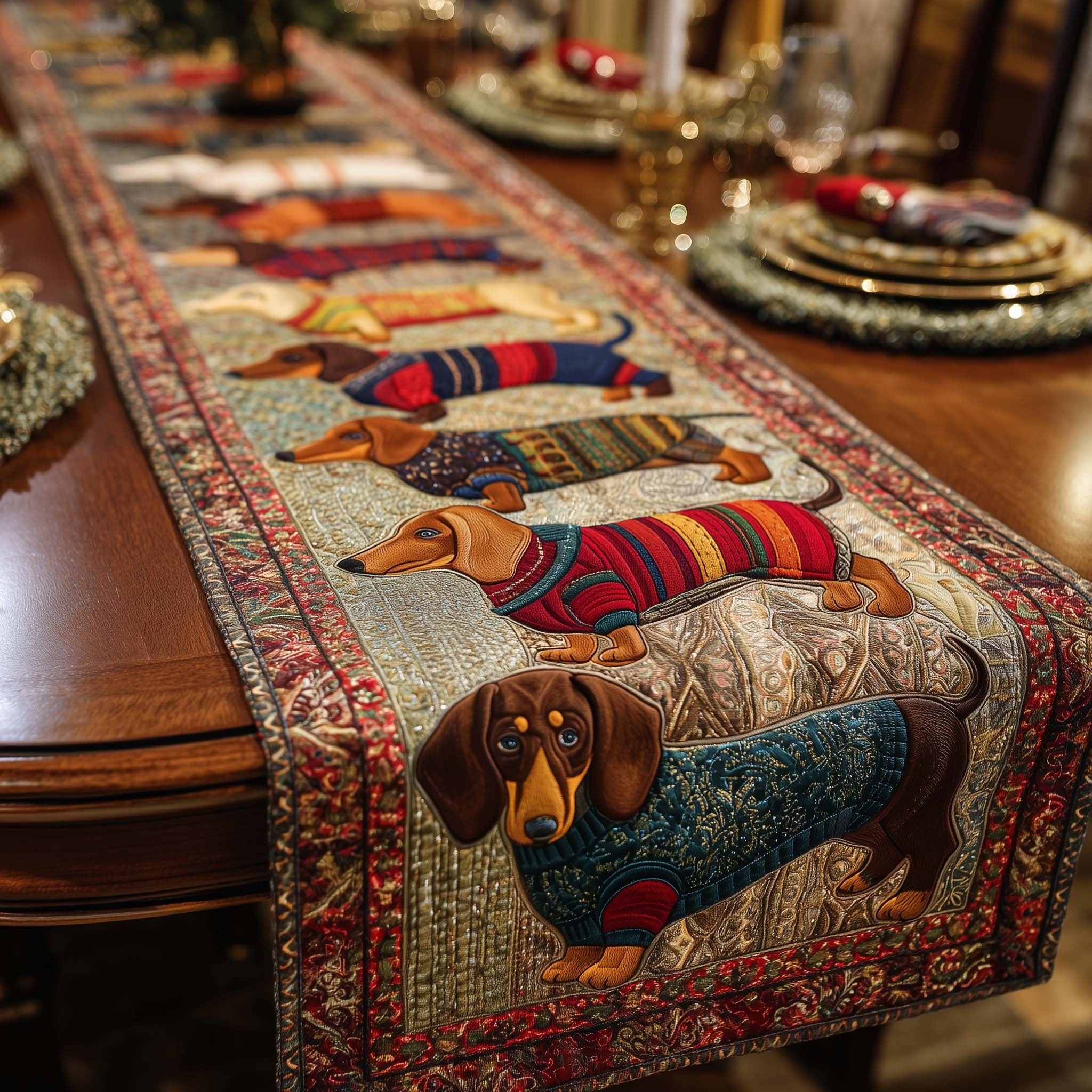 Merry Dachshund Charm Dachshunds in Knitted Sweaters Table Runner