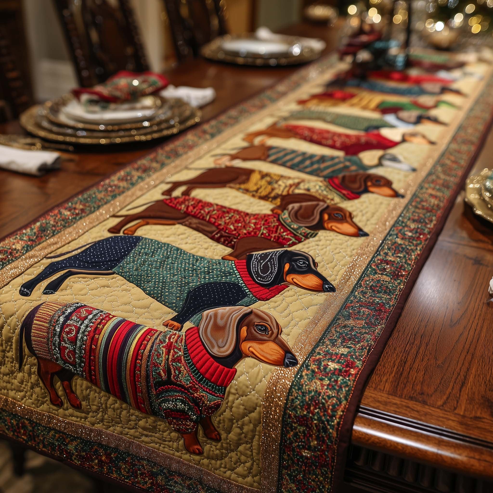 Dachshunds in Striped Sweaters Table Runner