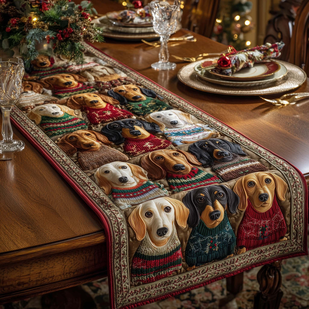 Row of Dachshunds in Sweaters Table Runner