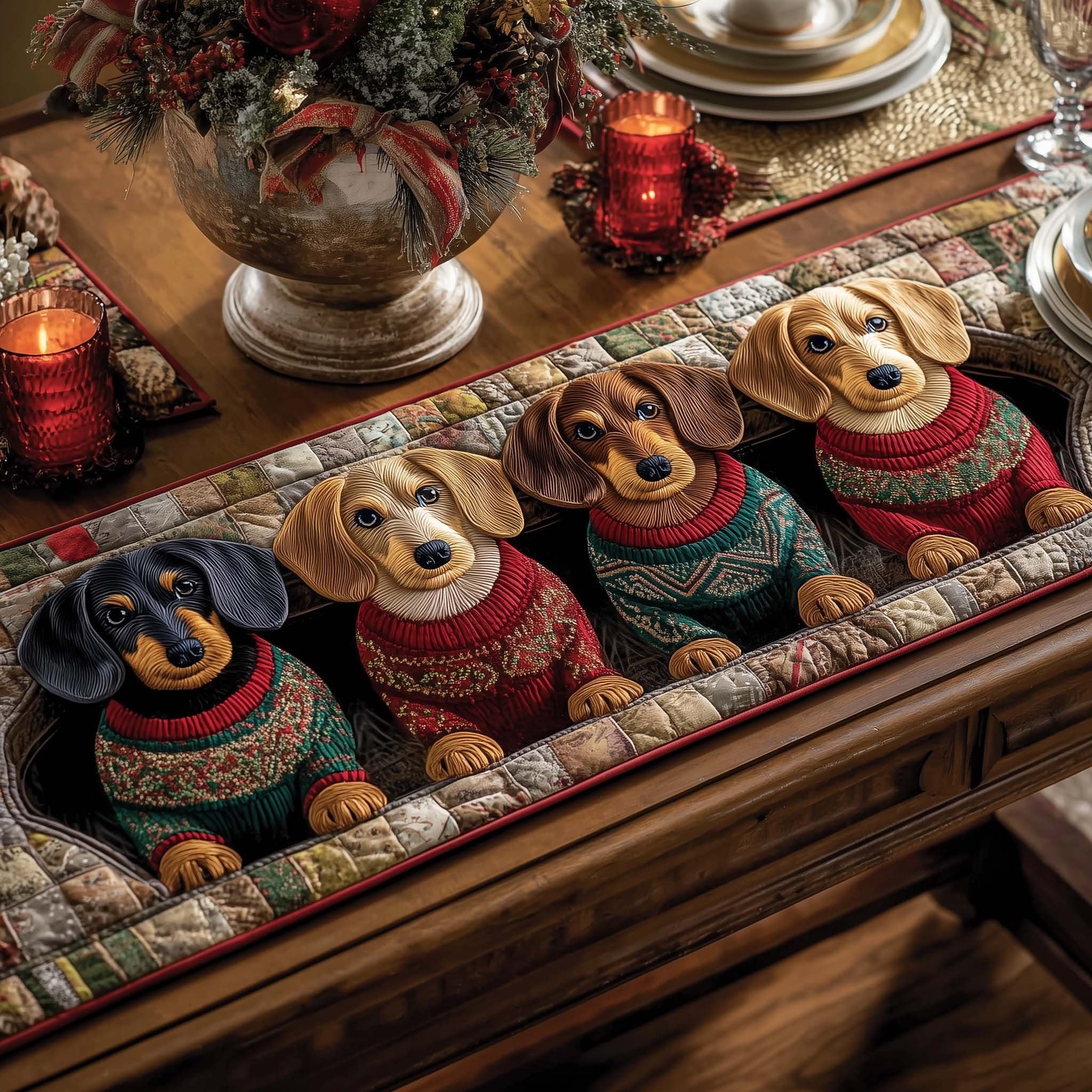 Dachshund Line in Cozy Sweaters Table Runner