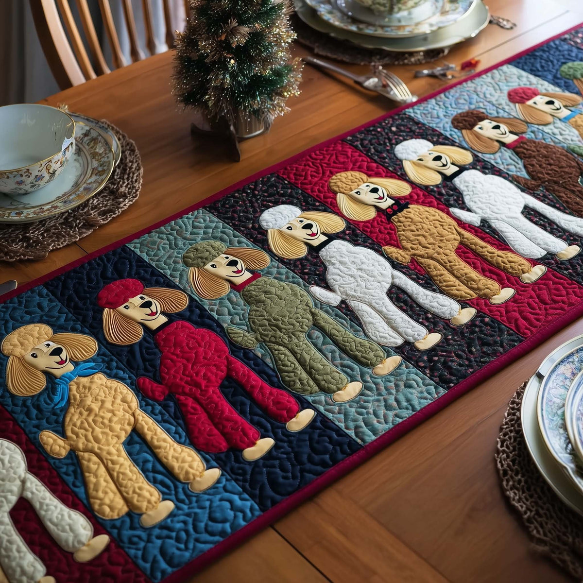 Poodles in Red and Blue Table Runner