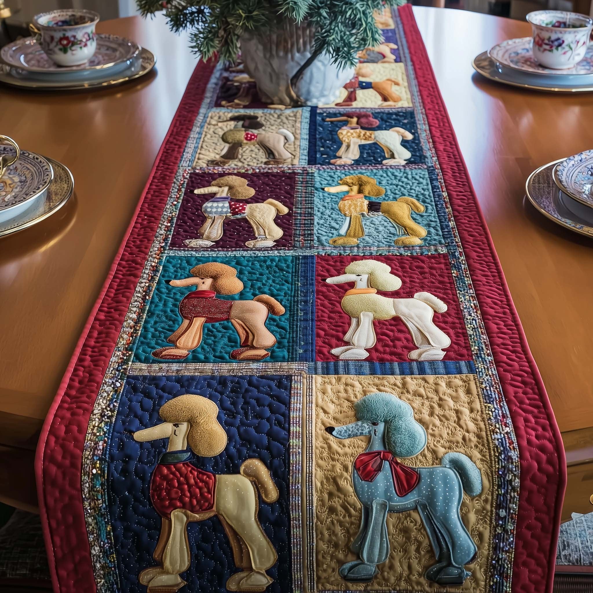 Poodles in Blue and Red Blocks Table Runner
