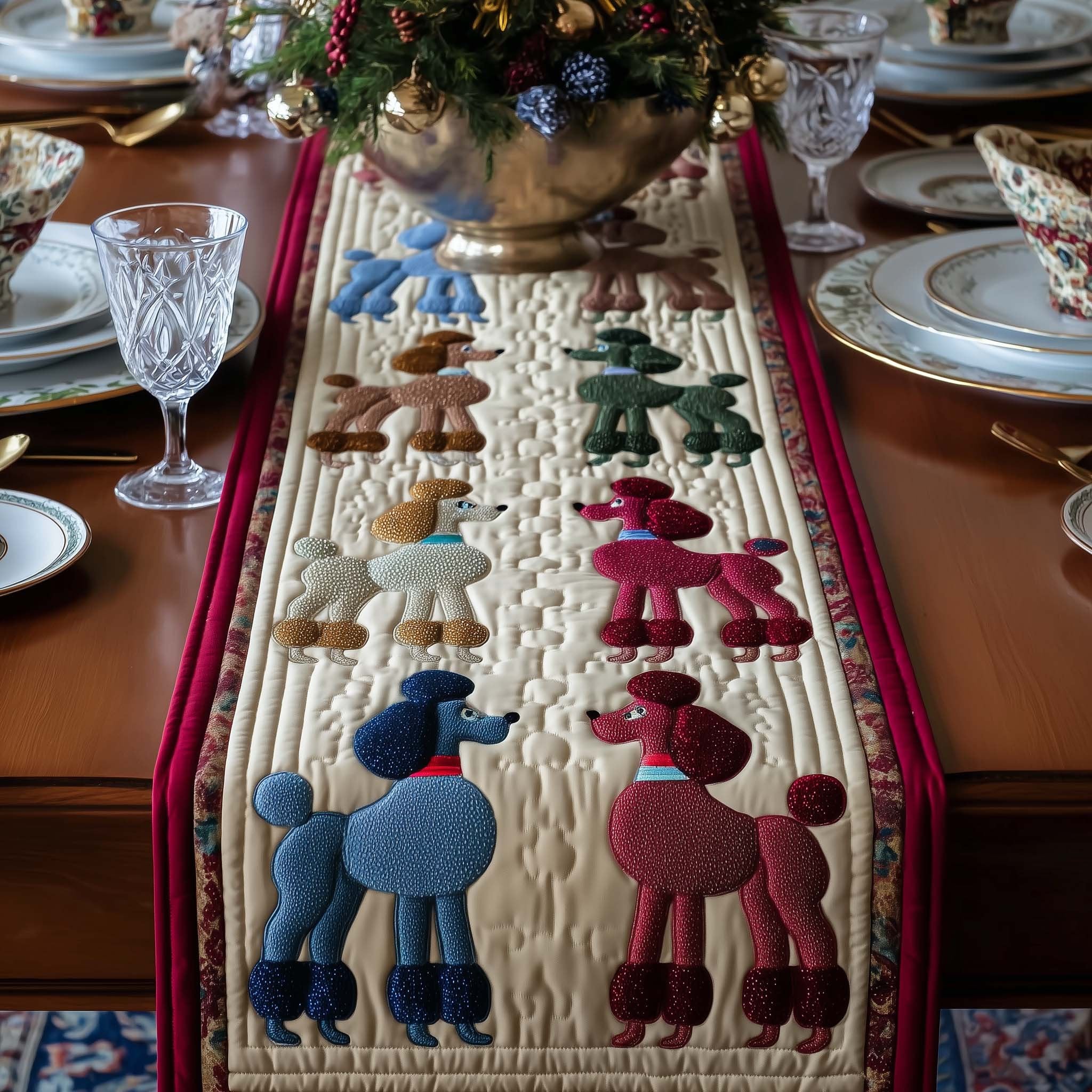 Blue and Red Poodles on Cream Table Runner